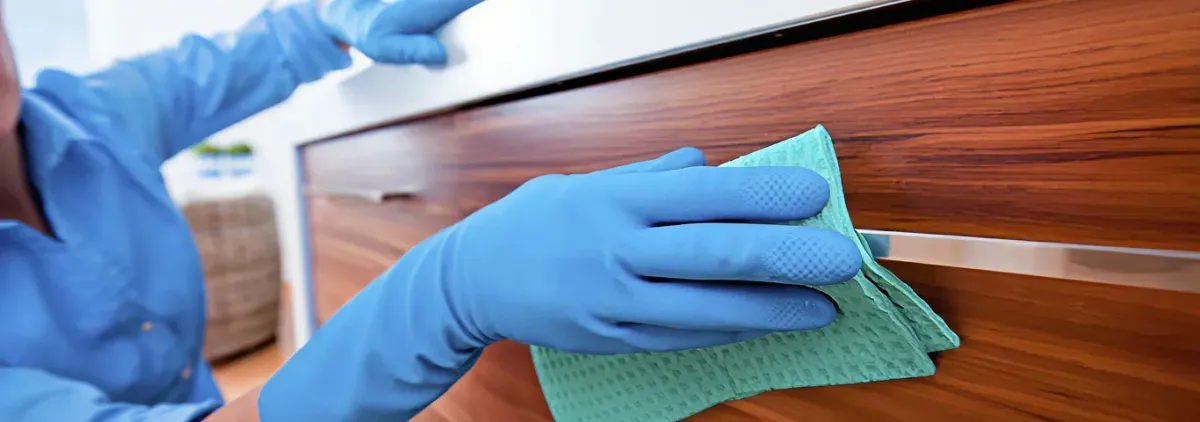 Cleaner wearing blue gloves wiping a wooden cabinet drawer with a microfiber cloth for dust and grime removal, Cedar Rapids, IA.